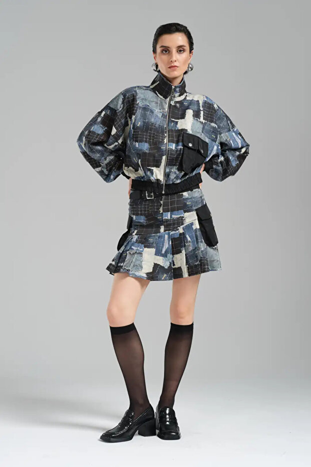 tw3 Kadın Baskılı Tasarım Pileli Mini Etek - 3