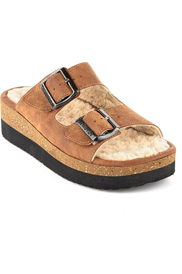 Bellatrix – Winter-Ready Tan Buckle Orthopedic Furry Slippers