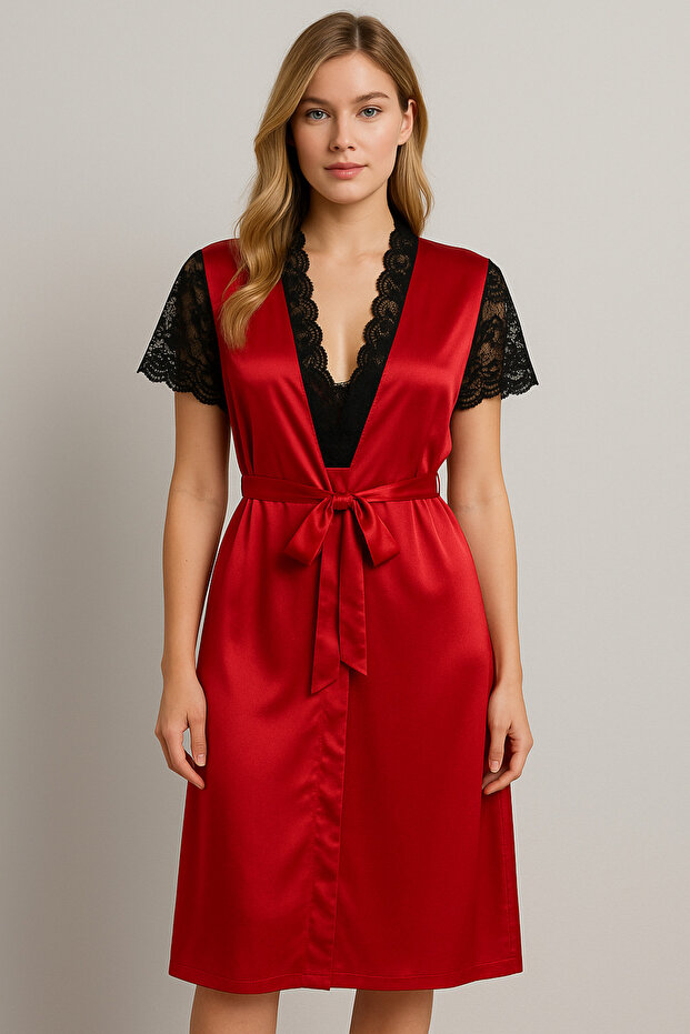 Red Satin Lace Nightgown & Robe Set – Short Sleeve, Stylish Women's Lingerie Set