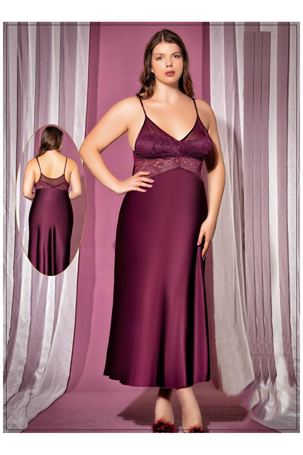 Lace Plum Satin Plus Size Long Nightgown
