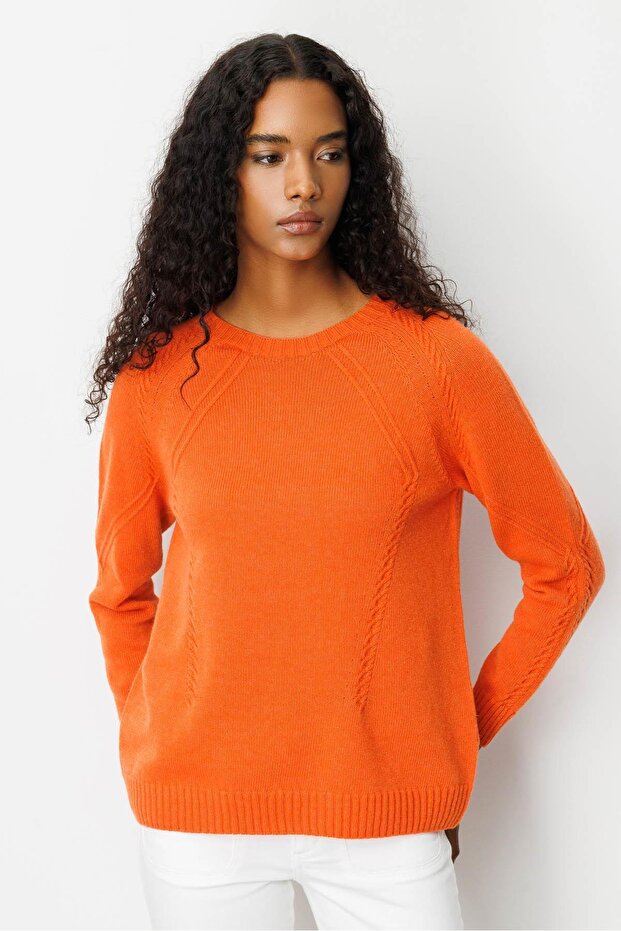 Women's Crew Neck Front and Mid-Sleeve Hair Knit Wool Sweater Orange