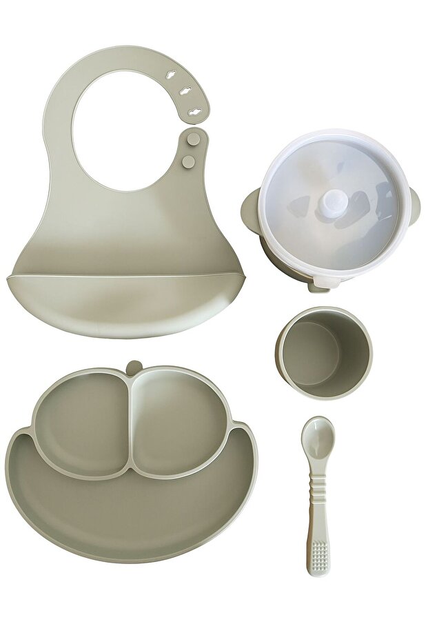 5-Piece Silicone Baby Feeding Set Mit Yeşili (Food Plate, Leak-Proof Bowl, Spoon, Cup, Bib)