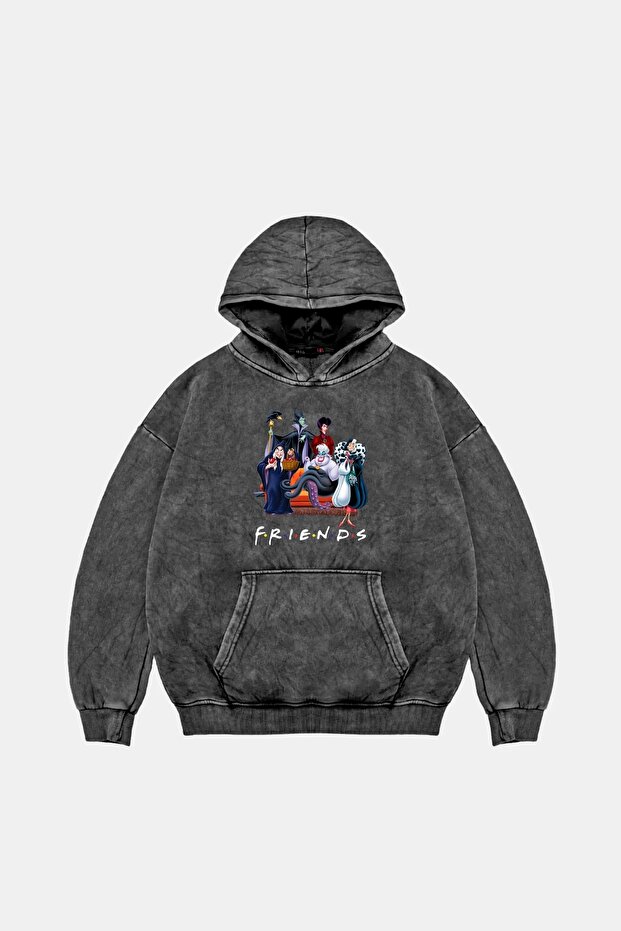 Friends Printed Oversize Unisex Washable Black Hoodie