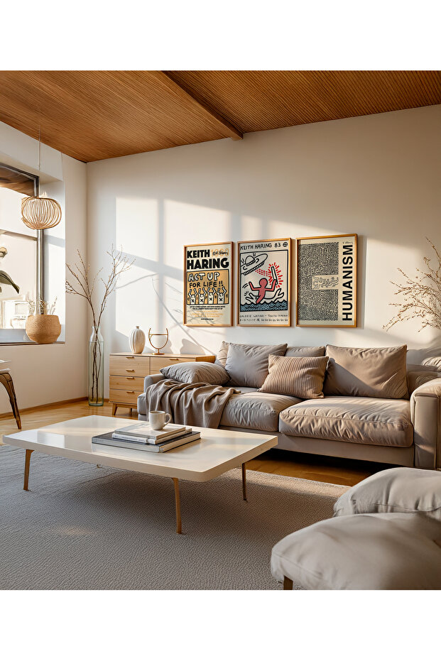 Keith Haring - Bright Hopes 3 - Doğal Ahşap Çerçeveli Tablo 3'lü Set - 1