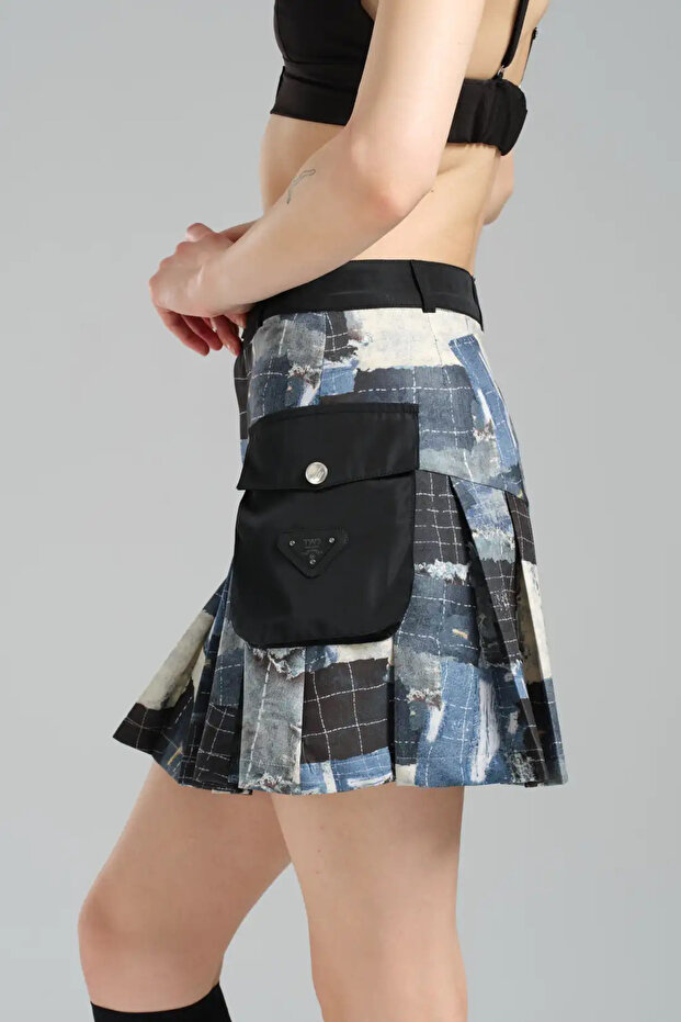 tw3 Kadın Baskılı Tasarım Pileli Mini Etek - 4