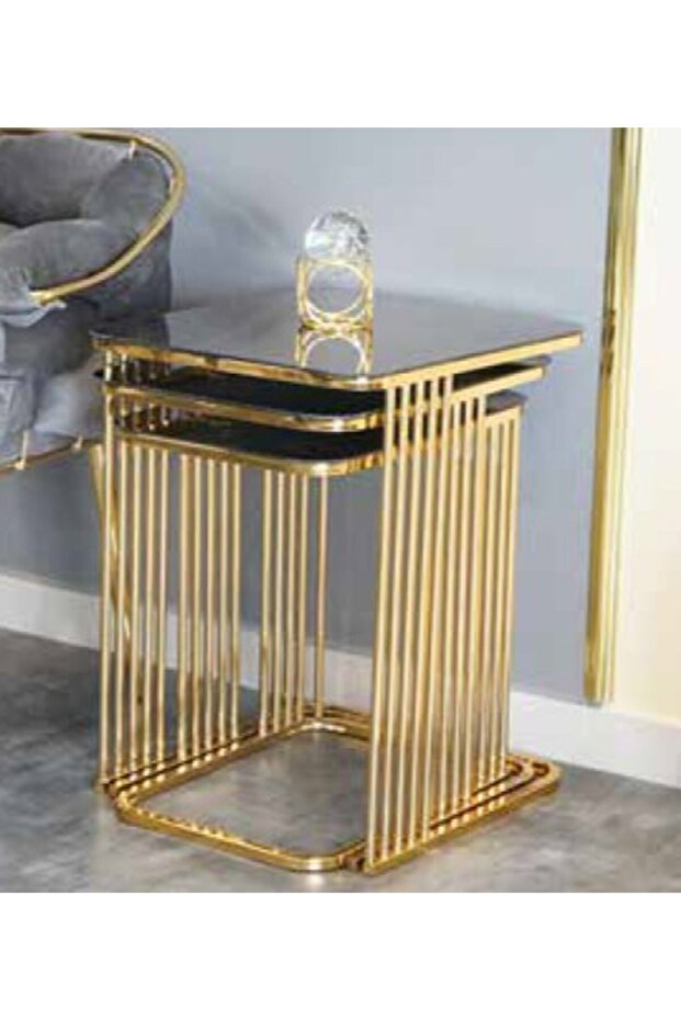 Mim Bronz - Gold Piyano Kare Borulu Zigon Sehpa - 1