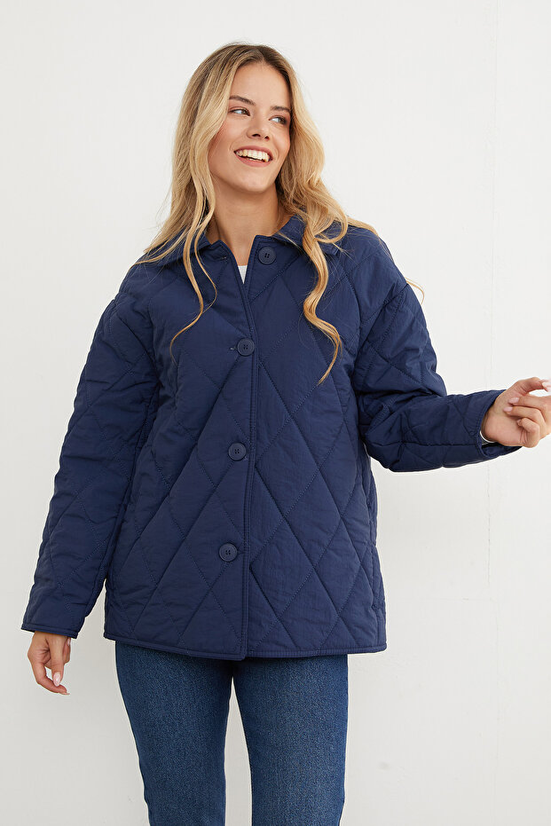 Quilted Patterned Oversize Buttoned Coat - 5