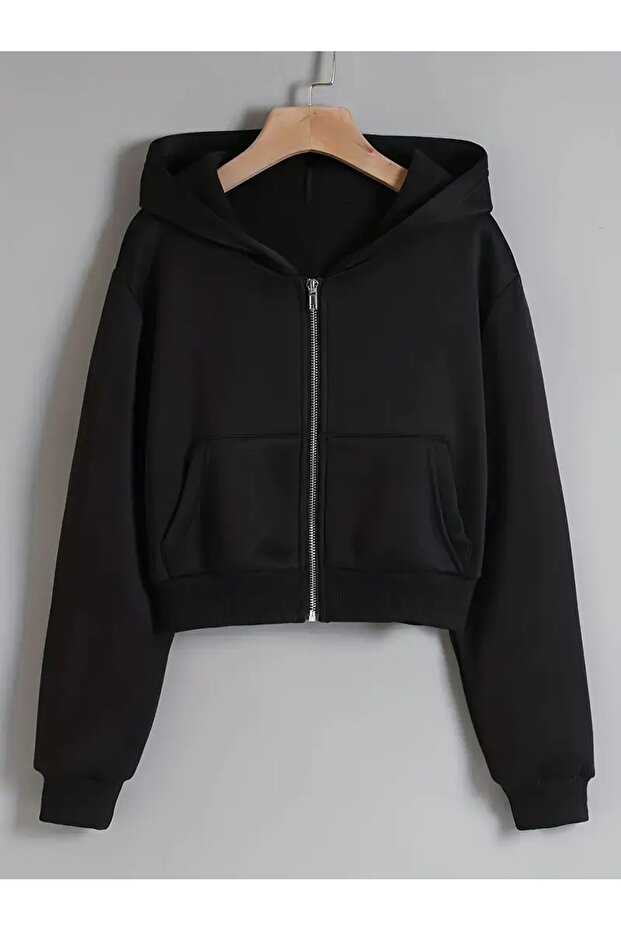 Women's Cropped Zip-Up Hooded 3 Thread Fleece Fall/Winter Short Jacket/Sweatshirt