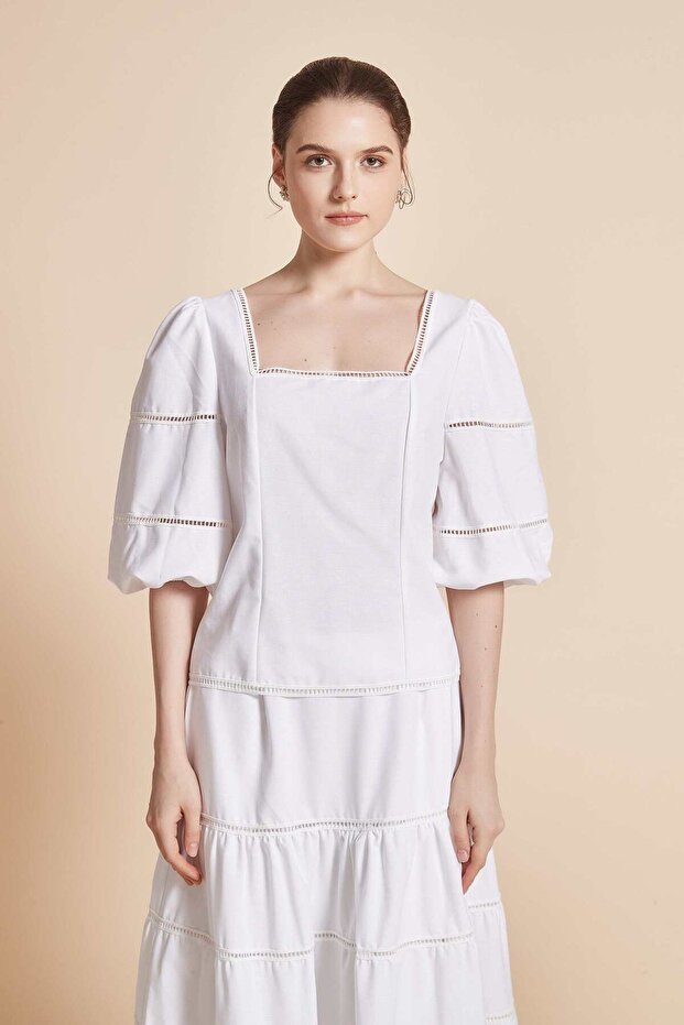 بلوزة سادة بأكمام منفوخة - 2