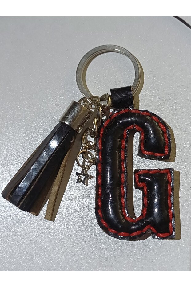 Real Leather Black-Red Letter'G' Keychain