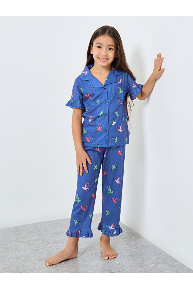 Girls Blue Hummingbird Print Shirt and Pyjama Set