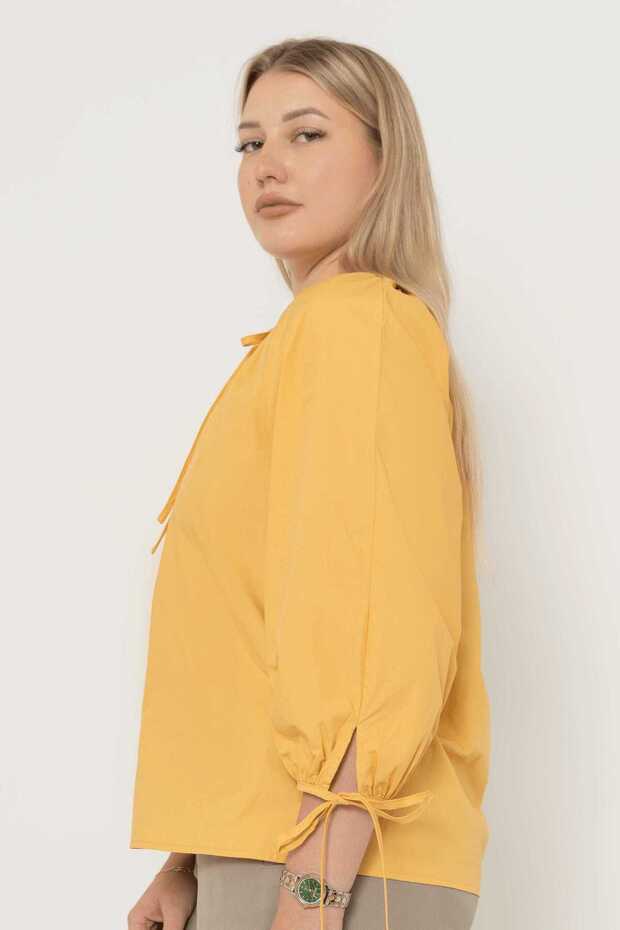 بلوزة سادة مكشكشة بأكمام طويلة - 4