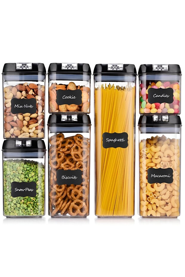 Storage Box Set, Flippy, 7 Containers, 10 Reusable Labels, 4 Spoons, BPA Free, Transparent - 7