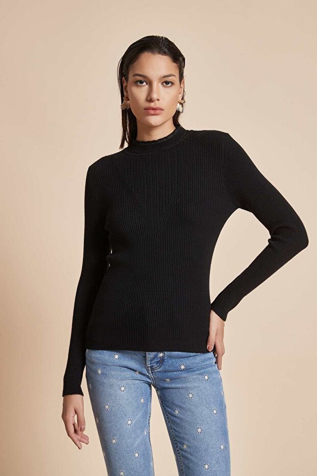 بلوزة سادة مضلعة بأكمام طويلة - 5