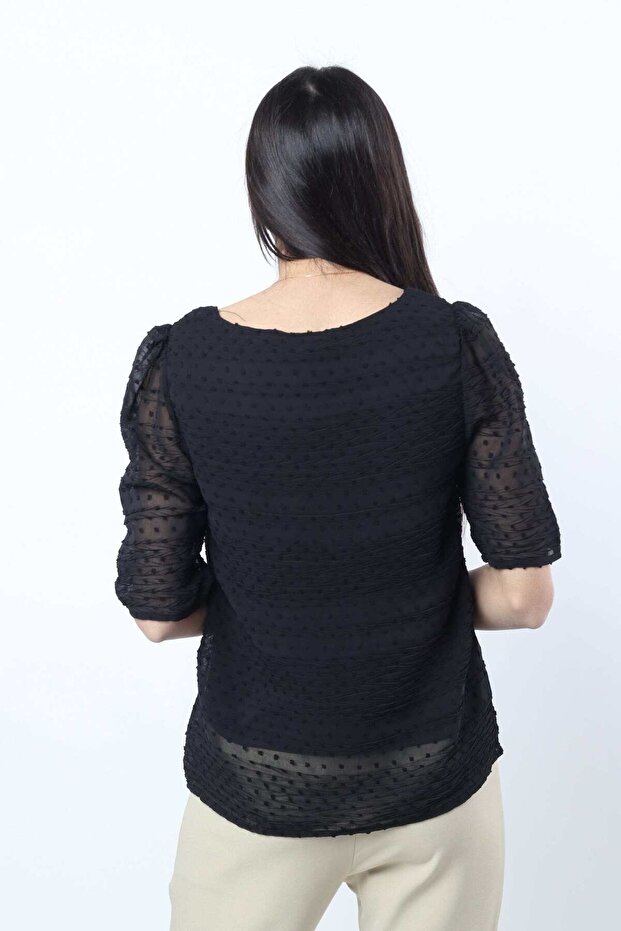 بلوزة سادة مبطنة بأكمام نصفية - 1