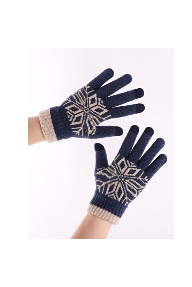 Men's Gloves, Flippy, Snowflake Pattern, Touchscreen Function, Knitted Acrylic Material, Navy Blue - 3