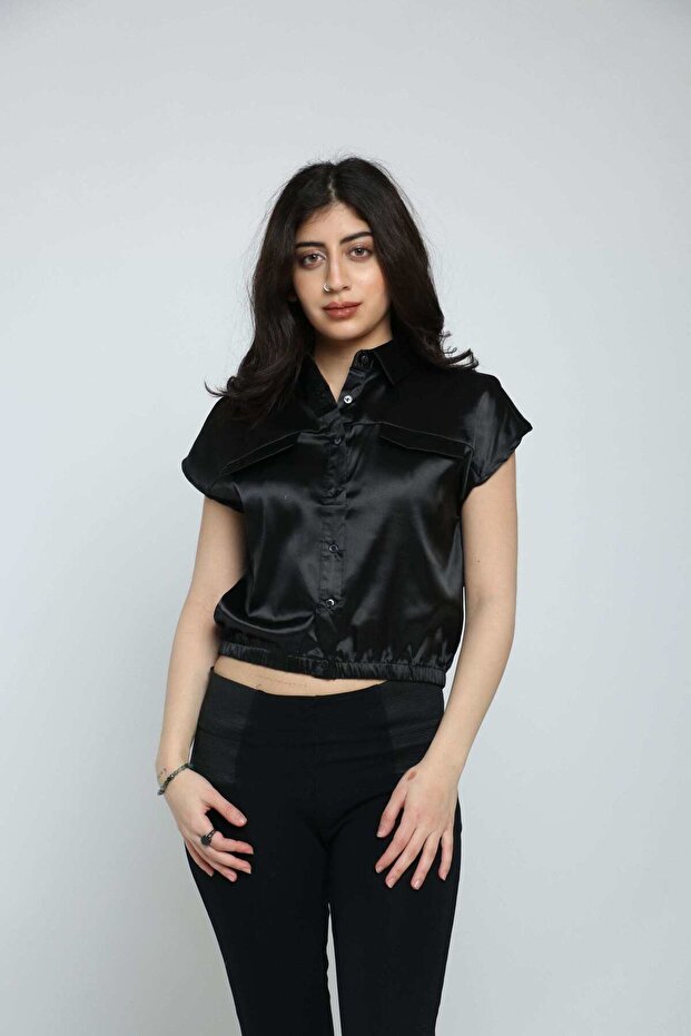 Short Satin Stretch Top with Pockets