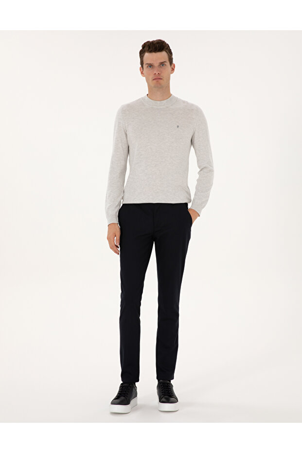 Navy Blue Slim Fit Elastic Waist Canvas Trousers 50309943-Vr033