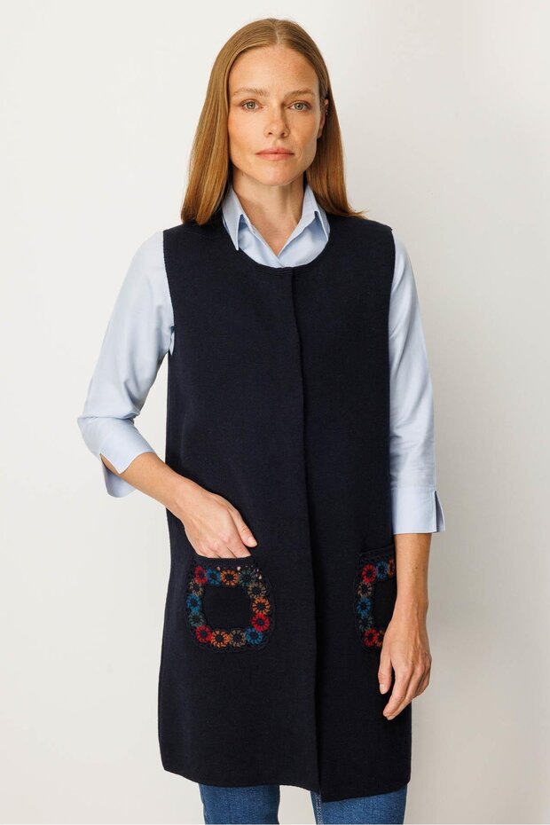 Women's Crew Neck Pocket Crochet Long Wool Vest Dark Blue