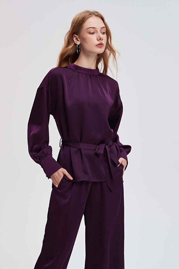 Solid Long-Sleeve Top with Tie - 4