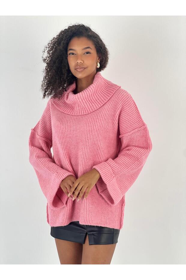 Women's Oversize High Collar Pink Knitwear Sweater