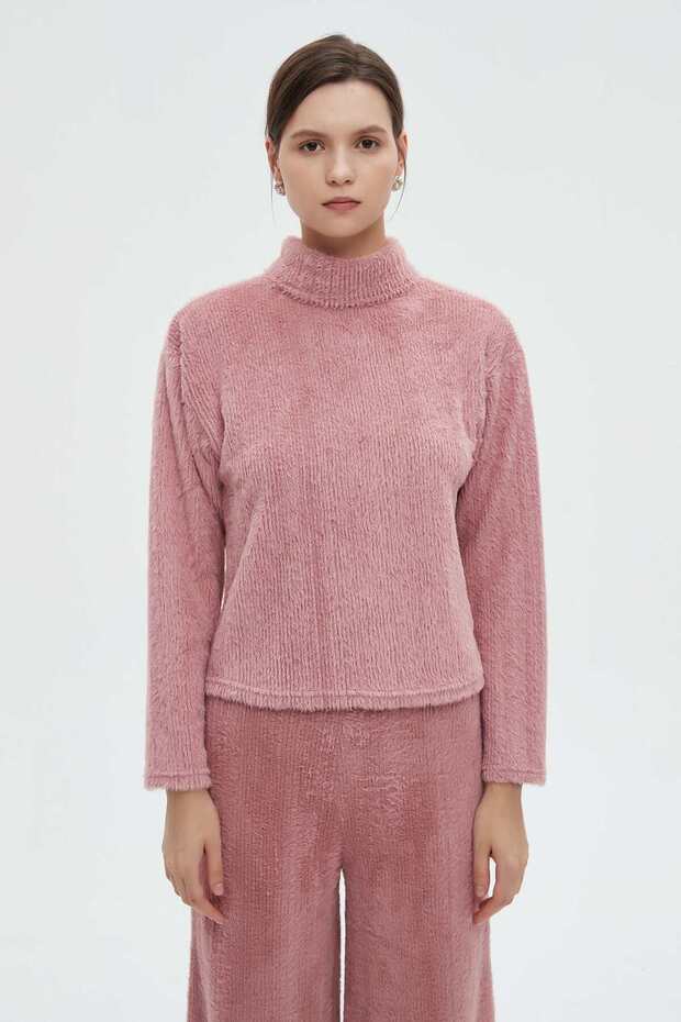 بلوزة سادة برقبة عالية وأكمام طويلة - 1