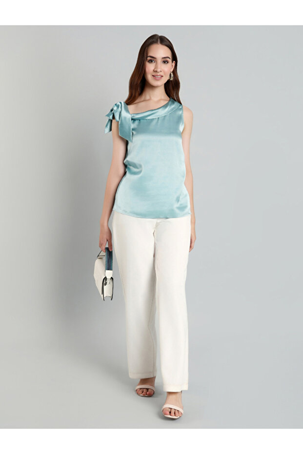 Women Tie-Up Detail Asymmetric Neck Top