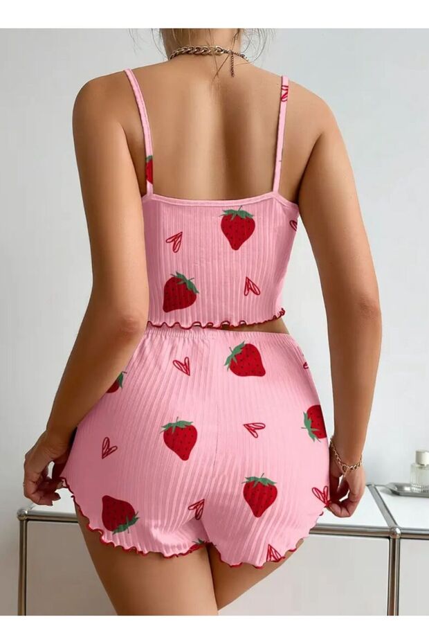 Karanfil Pembe Fırfırlı Pamuklu Kalp Desenli Şortlu Pijama Takımı - 3