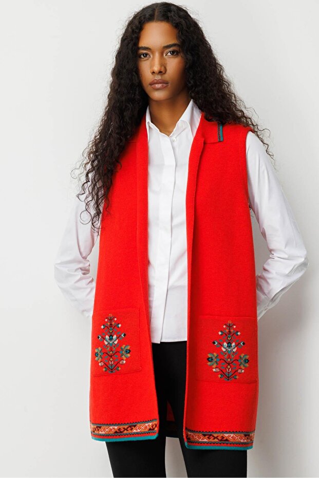 Women's Polo Neck Hem Kilim Patterned Long Wool Vest Coral