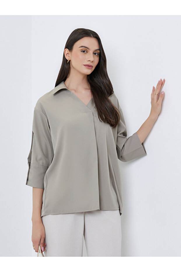 Solid Pleated Detail V-Neck Shirts