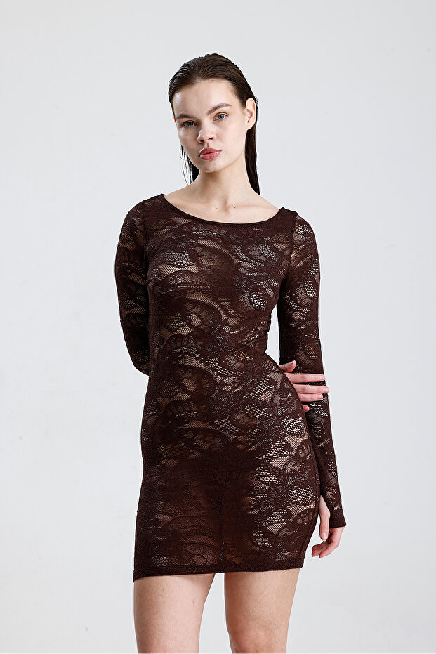 Dantel Mini Elbise - Uzun Kollu, Şık Gece ve Parti Elbisesi | ELB36380 Kahve - 1