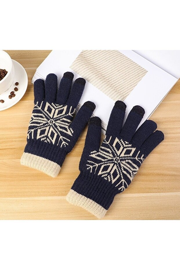 Men's Gloves, Flippy, Snowflake Pattern, Touchscreen Function, Knitted Acrylic Material, Navy Blue - 5