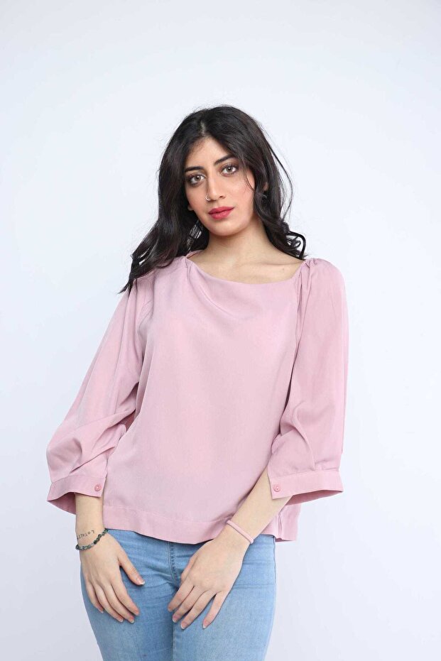 بلوزة سادة كبيرة الحجم بأكمام طويلة - 1