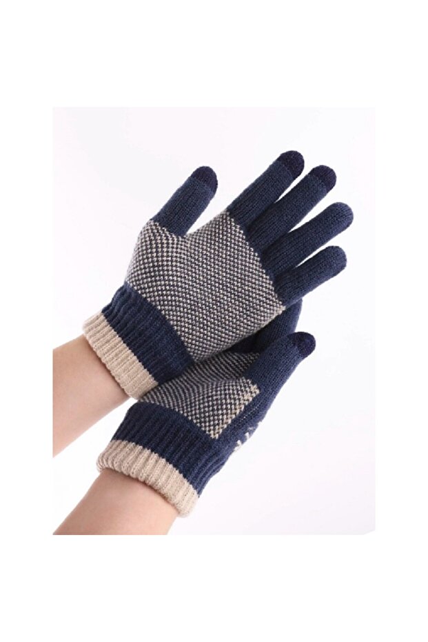 Men's Gloves, Flippy, Snowflake Pattern, Touchscreen Function, Knitted Acrylic Material, Navy Blue - 4