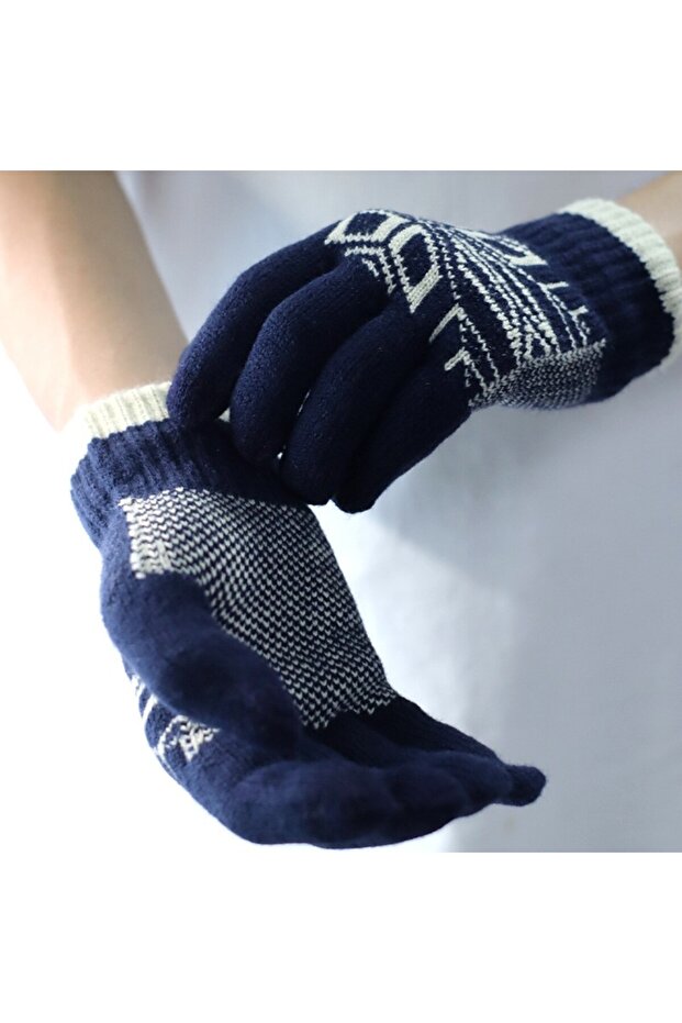 Men's Gloves, Flippy, Snowflake Pattern, Touchscreen Function, Knitted Acrylic Material, Navy Blue - 2