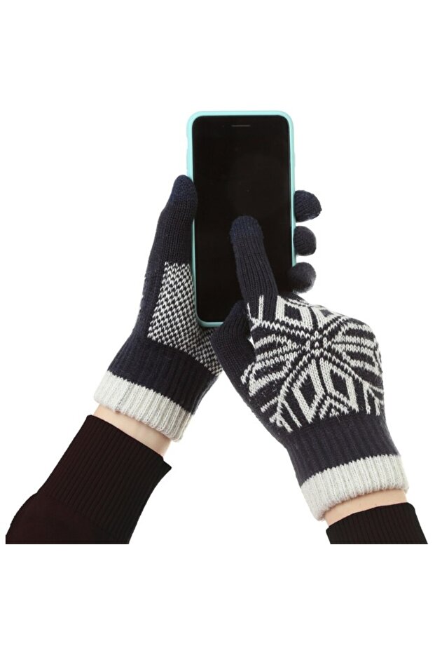 Men's Gloves, Flippy, Snowflake Pattern, Touchscreen Function, Knitted Acrylic Material, Navy Blue - 8