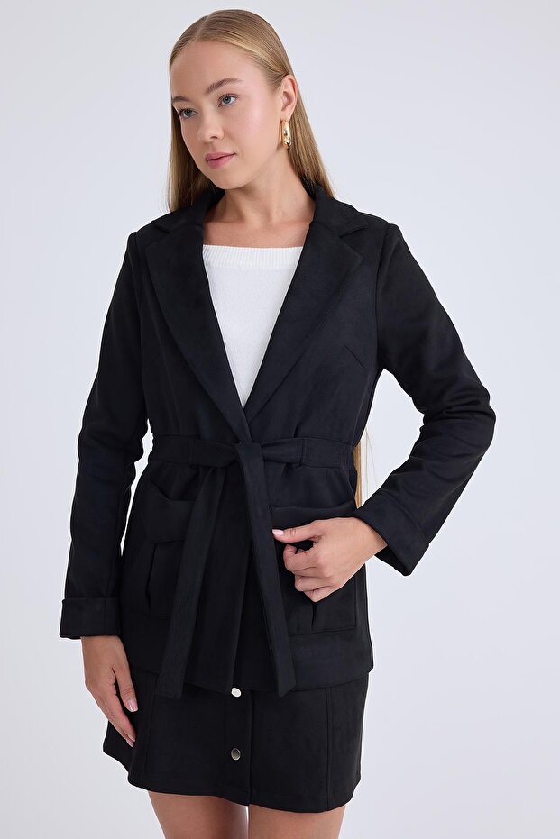 Belden Bağlamalı Süet Ceket - 1