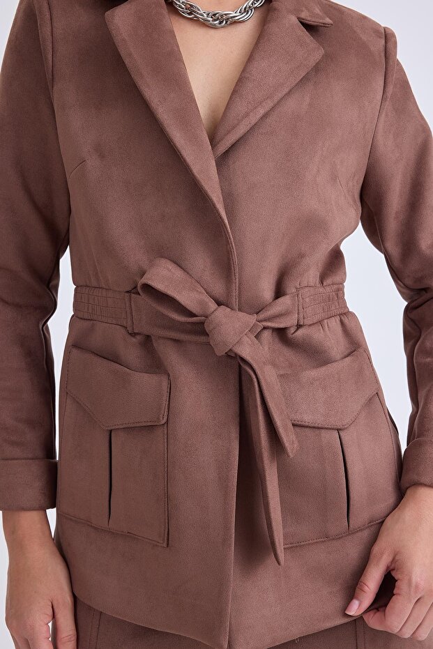 Belden Bağlamalı Süet Ceket - 5