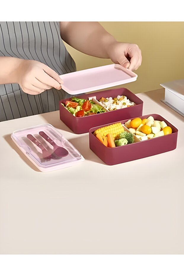 حاوية غداء مستطيلة ذات طبقتين - حاوية تخزين - صندوق غداء - 3