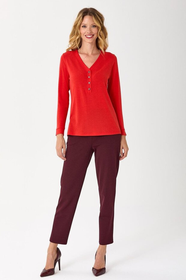 V Yaka Önü Çıtçıtlı Uzun Kol Bluz - 1