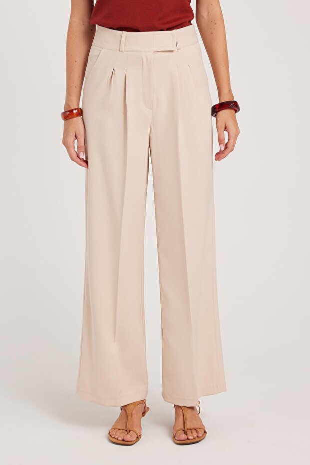 Women's Regular Fit Classic Cut Velcro Closure Palazzo Beige Trousers