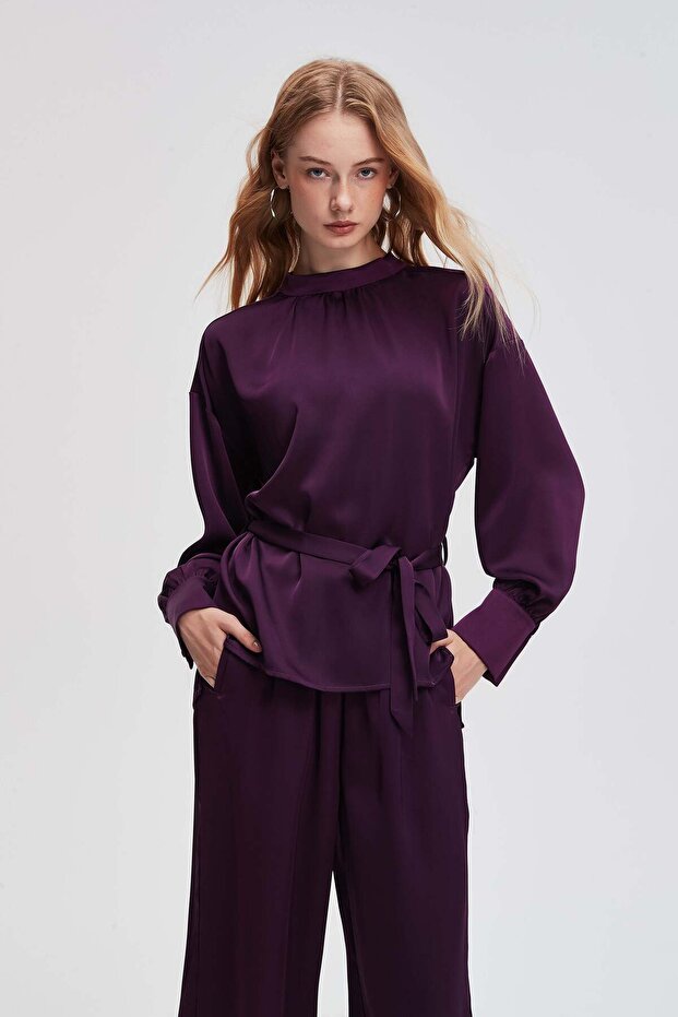 Solid Long-Sleeve Top with Tie - 1