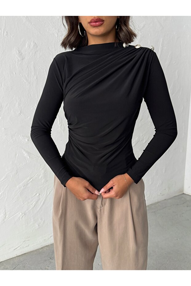 Women's Sandy Blouse with Buttoned Shoulders and Draped Detail