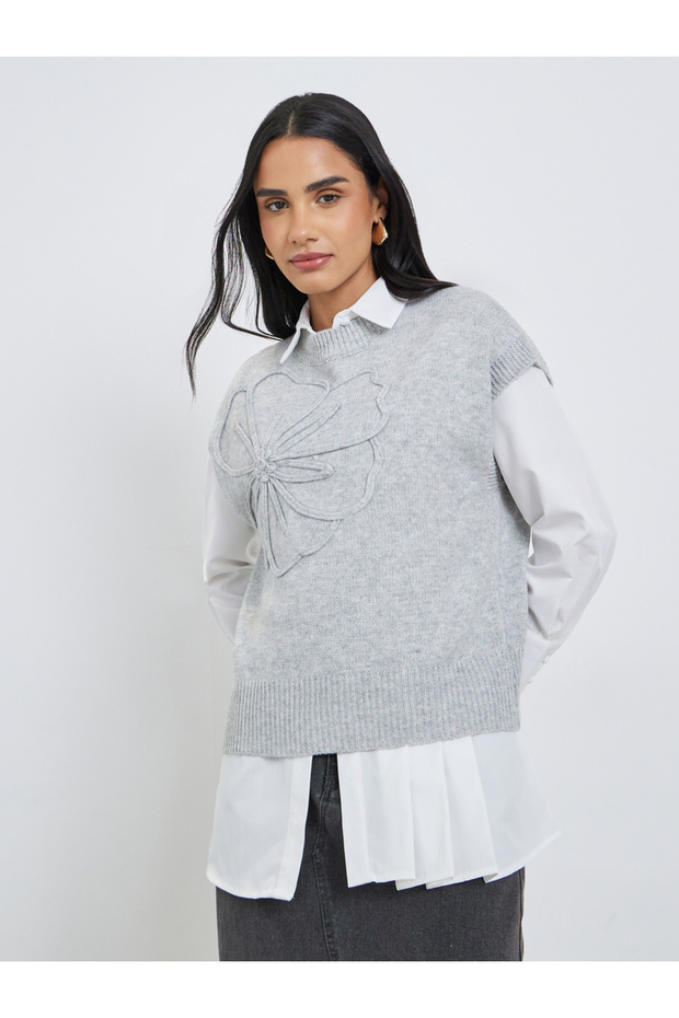 Grey Knit Vest Top with Floral Detail