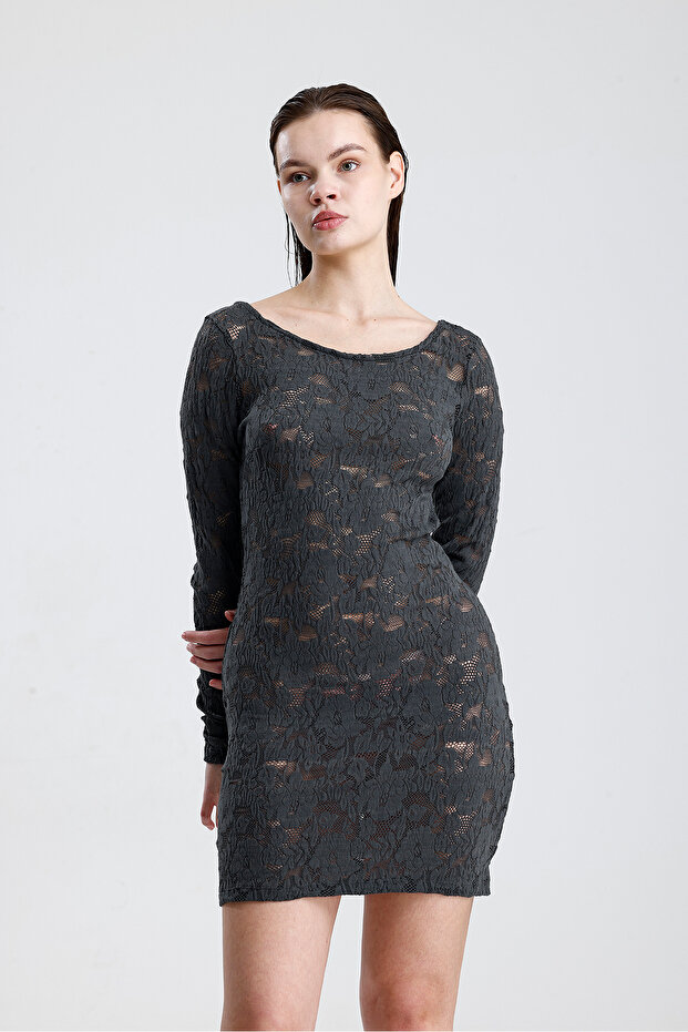 Dantel Mini Elbise - Uzun Kollu, Şık Gece ve Parti Elbisesi | ELB36380 Grı - 4