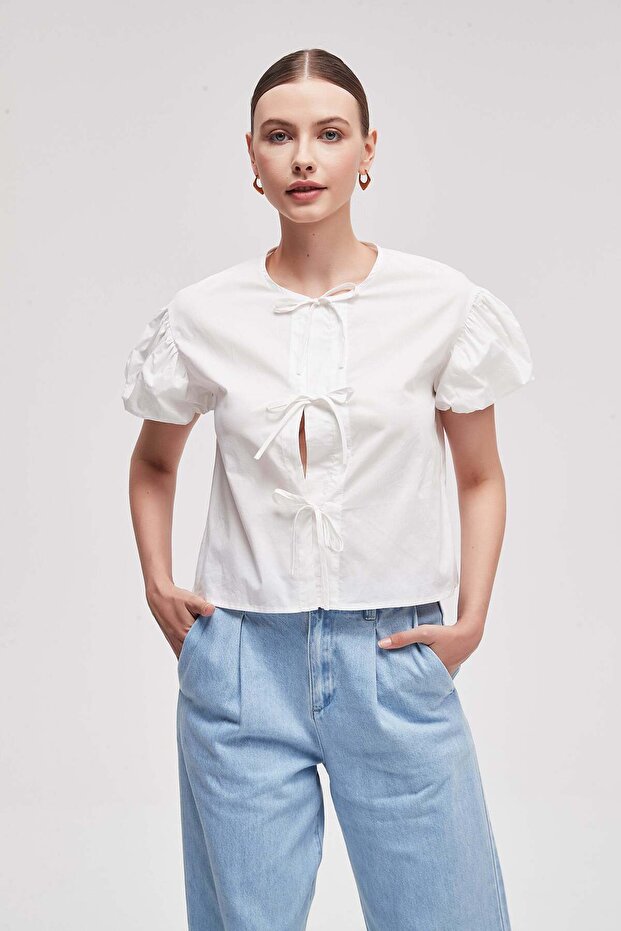 Solid Ruffled Puff Sleeve Top - 1
