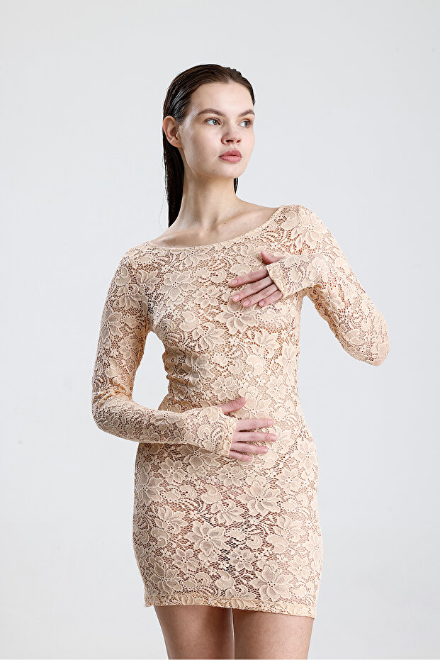 Dantel Mini Elbise - Uzun Kollu, Şık Gece ve Parti Elbisesi | ELB36380 Somon - 7
