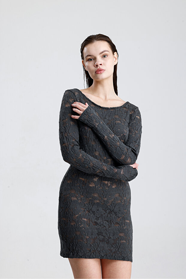 Dantel Mini Elbise - Uzun Kollu, Şık Gece ve Parti Elbisesi | ELB36380 Grı - 1