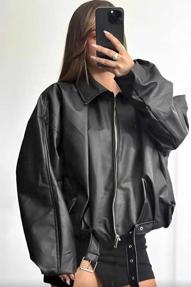 Luvren Black New Season Trend Belted Bomber Pb Leather Jacket