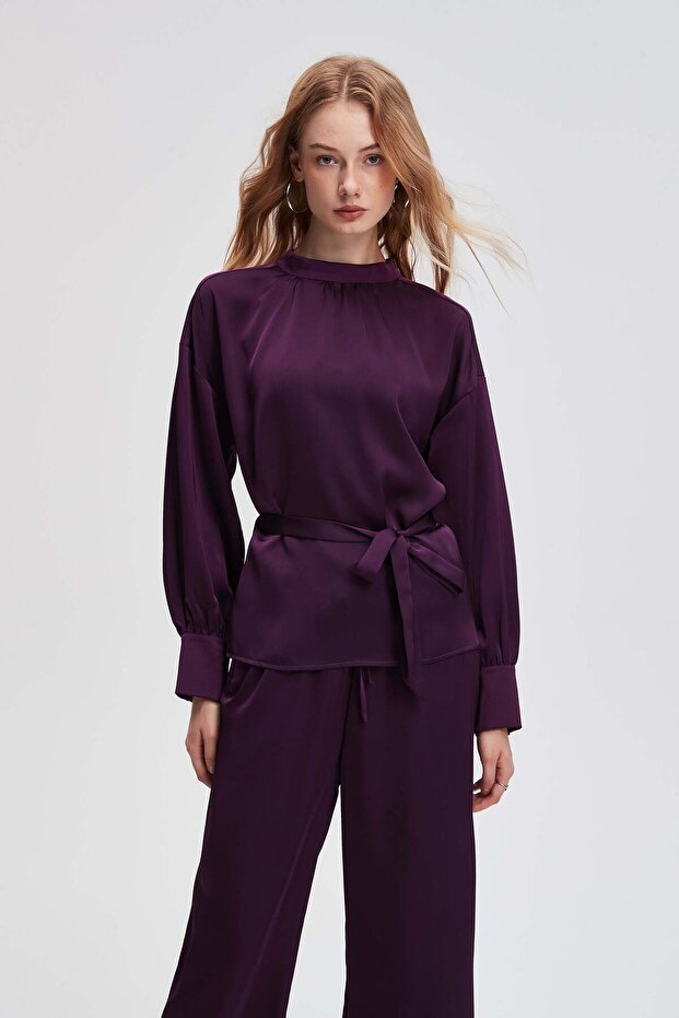 Solid Long-Sleeve Top with Tie - 3